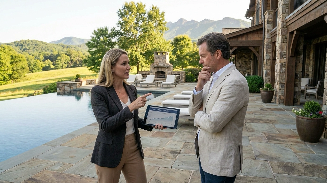 Luxury homeowner walking Eagle estate grounds with listing specialist near pool area. Specialist pointing to market analysis on tablet discussing pricing strategy. Thoughtful expression weighing value and positioning. Landscaping and mountain views visible.