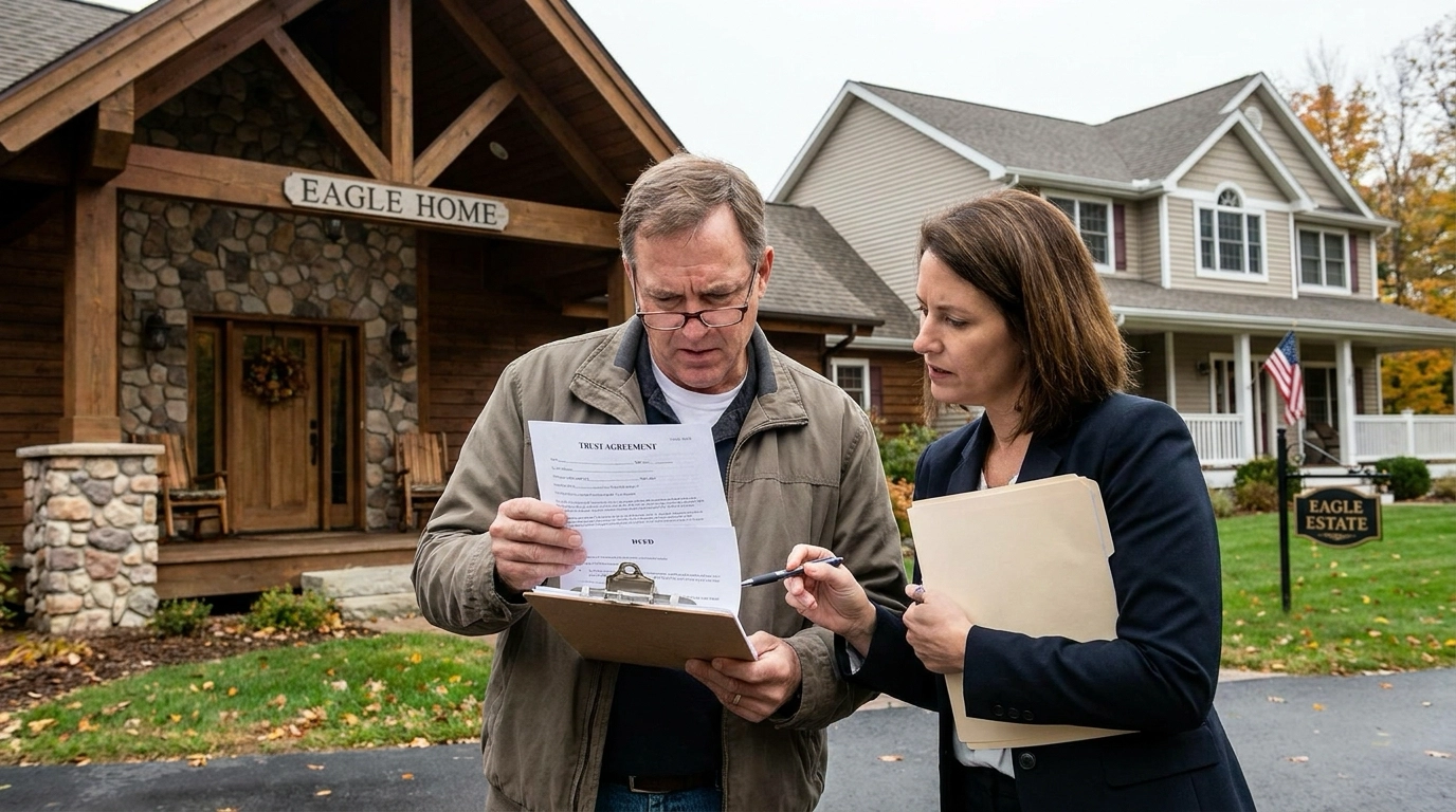 Trustee outside Eagle home with estate attorney reviewing trust documents and deed on clipboard. Attorney pointing to authority section and disclosures. Careful attentive expression understanding responsibilities. Home visible representing trust asset.