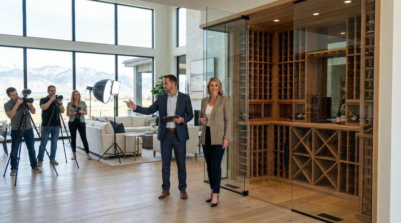 Luxury homeowner walking Eagle estate with listing agent pausing near custom feature. Agent gesturing toward photography setup in great room. Confident expression discussing marketing strategy. Mountain views visible through windows.