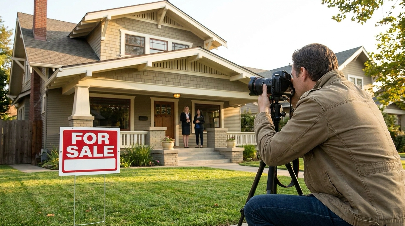 Seller on Eagle porch with new agent examining fresh photography setup nearby. Agent pointing to revised pricing strategy on tablet. Optimistic expression ready for relaunch. Refreshed landscaping visible around entryway.