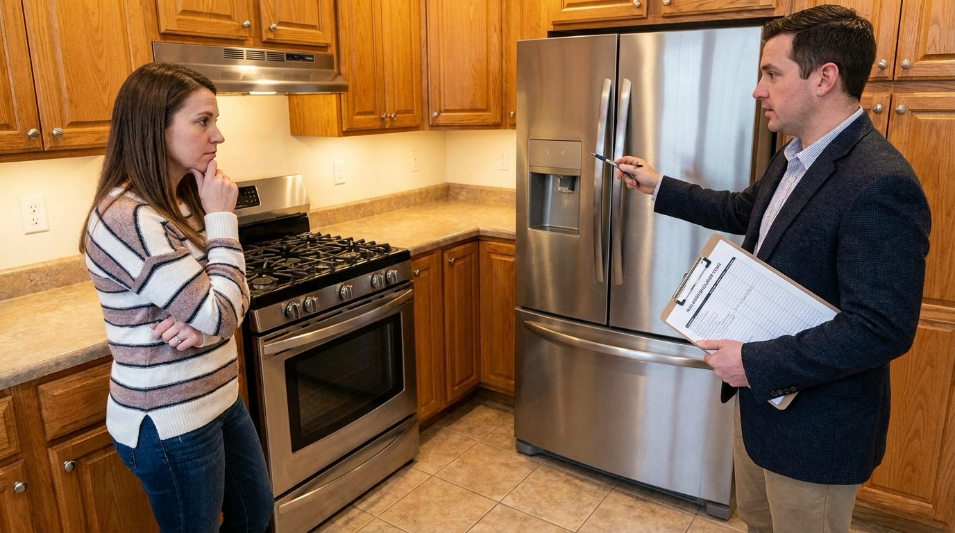 Seller in kitchen with agent examining refrigerator and range discussing what stays. Agent pointing to listing sheet noting included items. Contemplative expression weighing convenience against taking appliances. Kitchen visible showing appliances.
