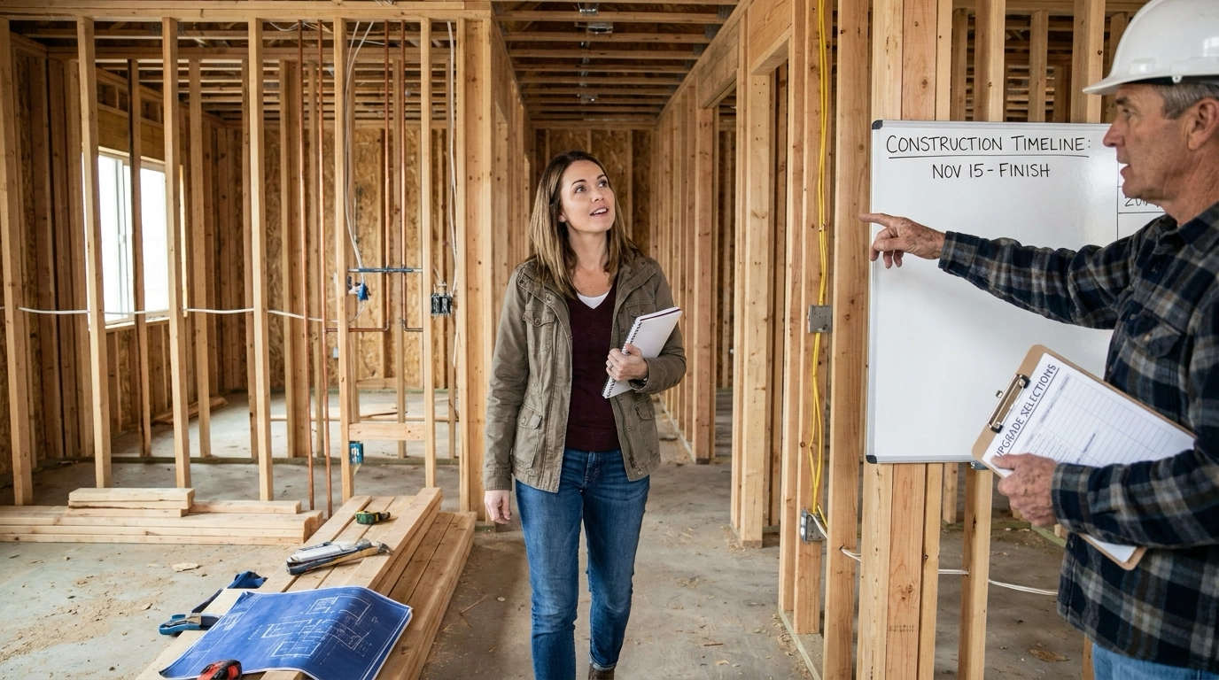 Buyer walking framed Eagle new construction home with builder examining wiring and plumbing rough-ins. Builder pointing to timeline board and upgrade sheet. Curious note-taking expression learning expectations. Construction materials visible.