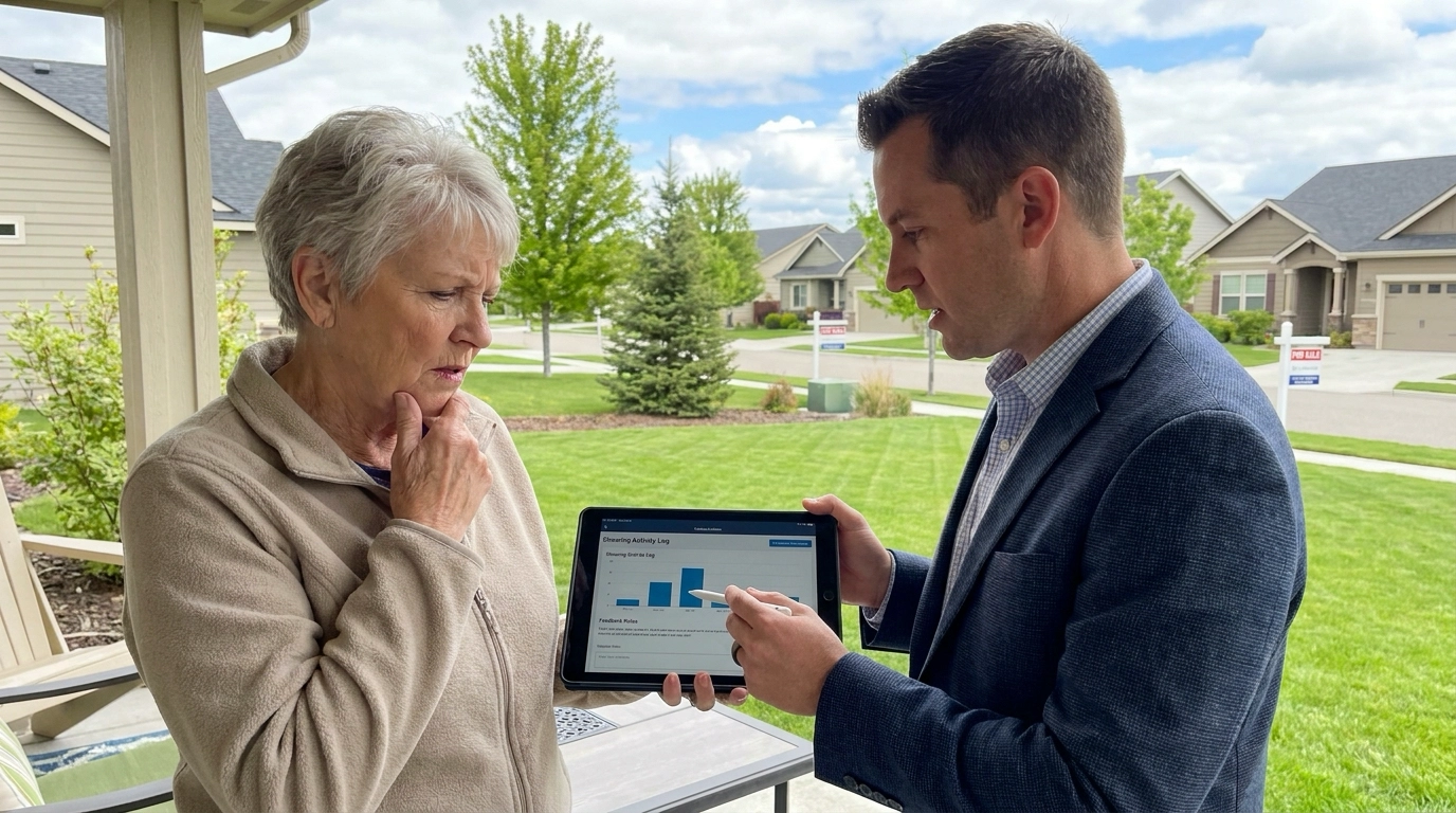 Homeowner in Eagle yard with agent reviewing showing activity log on tablet. Agent pointing to feedback notes comparing listings. Puzzled expression understanding delay. Neighborhood visible showing other listings.