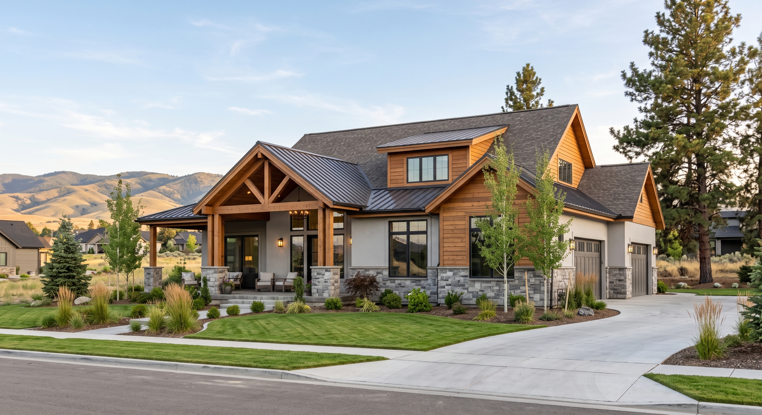 New-construction home in Eagle, Idaho with upscale finishes, landscaping, and foothill views.