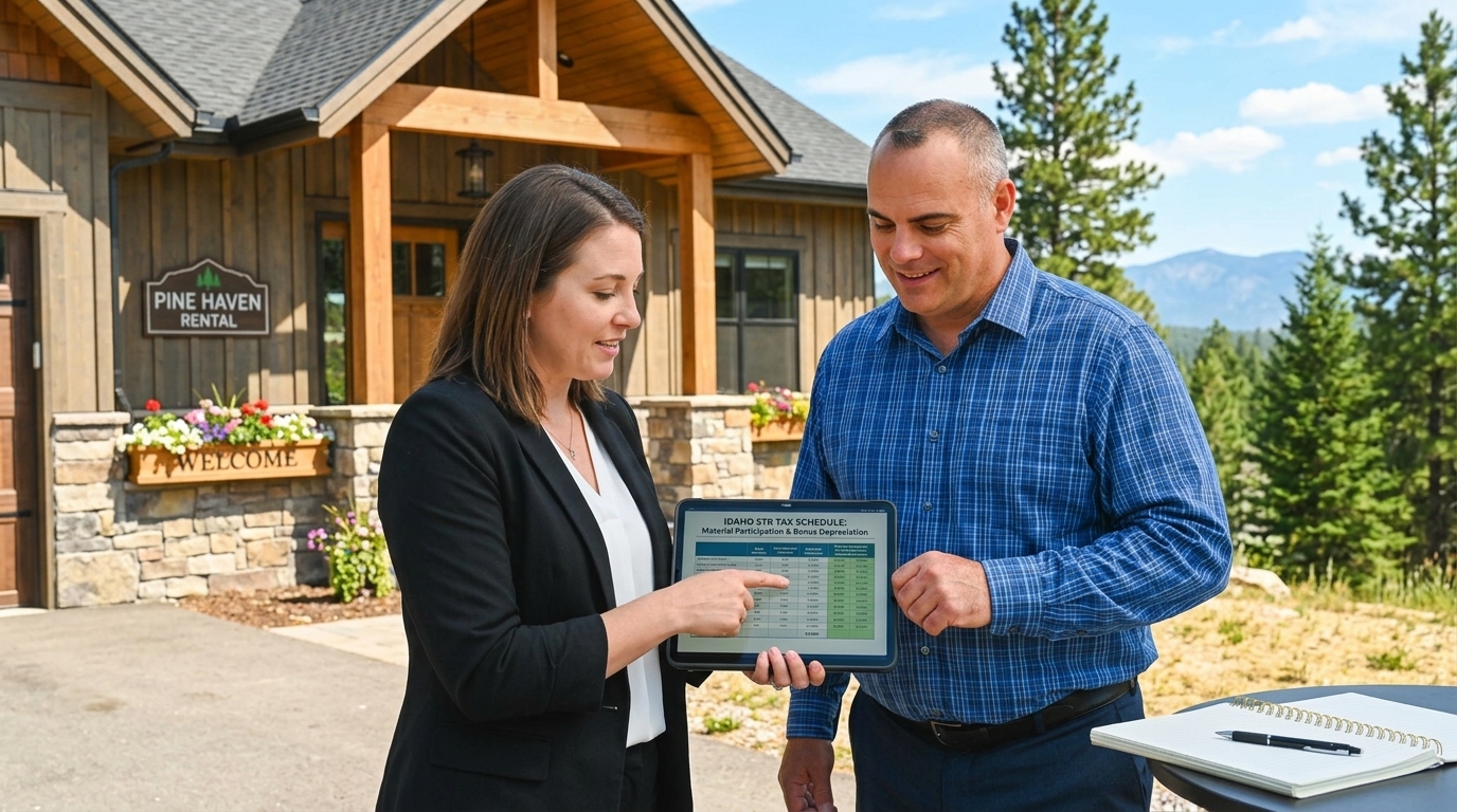 Investor outside Idaho short-term rental with tax advisor reviewing depreciation and expenses on tablet. Advisor pointing to participation requirements and depreciation benefits. Focused expression understanding advantages. Vacation rental property visible.