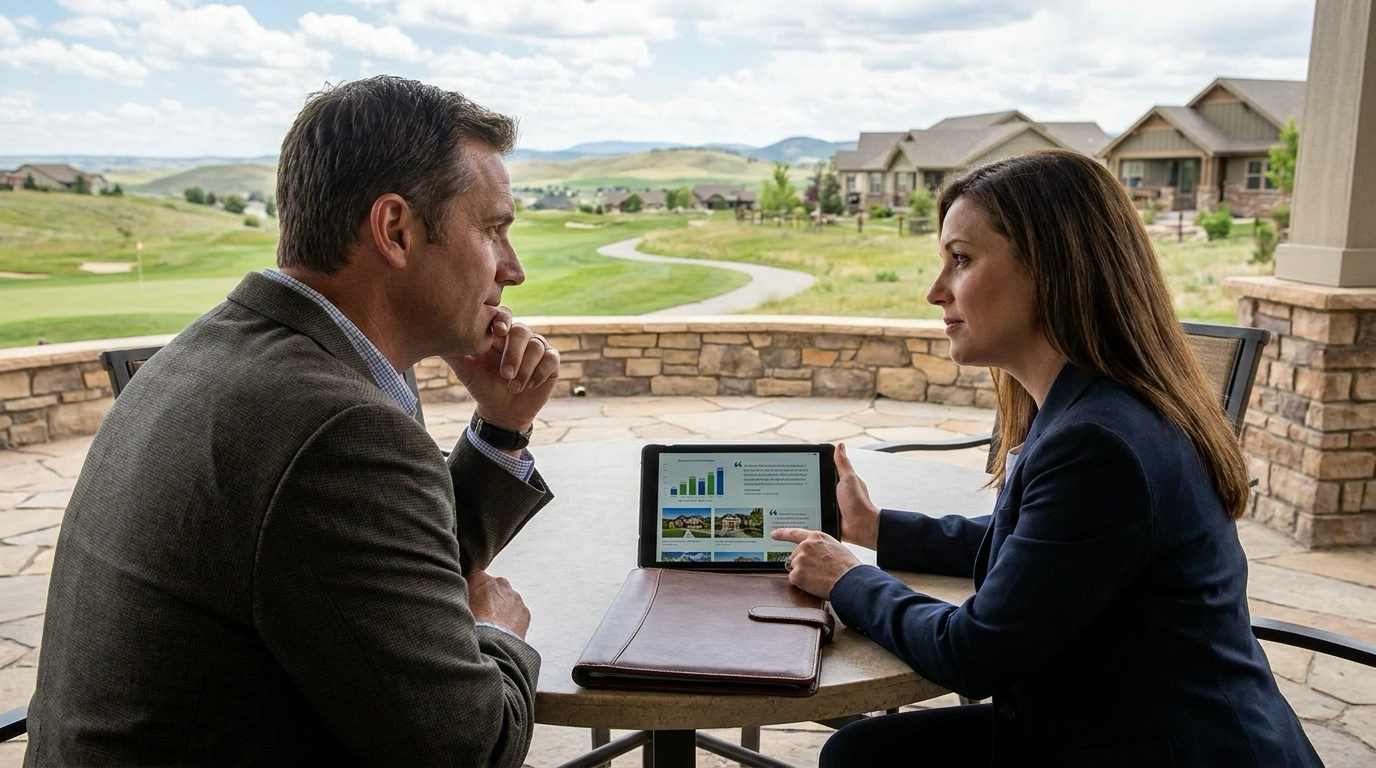 Buyer meeting agent at Eagle Bend property evaluating credentials. Agent showing past sales portfolio and testimonials on tablet. Selective expression assessing expertise. Eagle Bend community visible. Professional agent vetting consultation.
