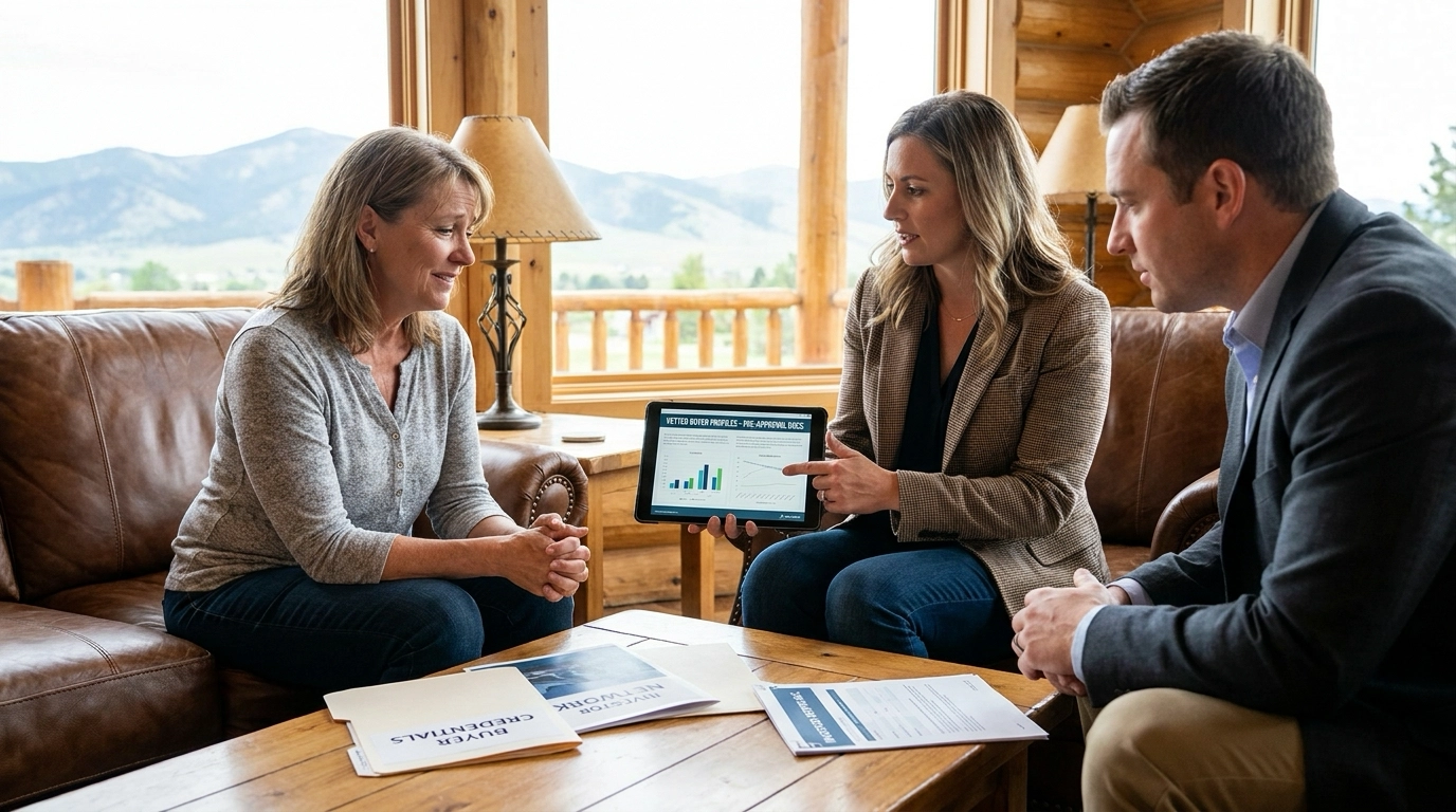 Seller meeting agent and investor discussing buyer options. Agent showing buyer profiles on tablet. Relieved expression finding vetted possibilities. Agent pointing to credentials. Professional vetting process evident. Confidence in buyer quality.