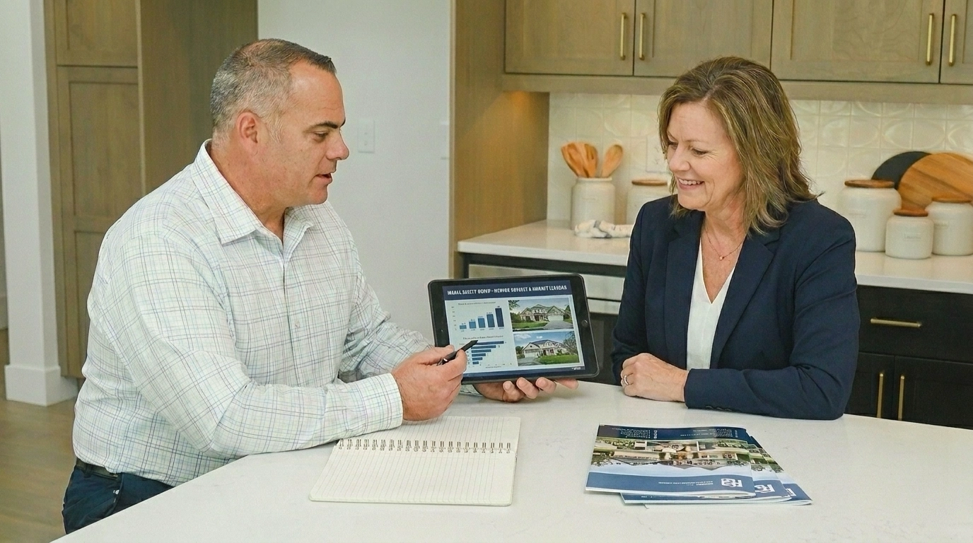 Client meeting Chris Budka agent examining agency credentials and testimonials. Agent showing transactions and reputation on tablet. Evaluative expression comparing to options. Professional Eagle office. Assessing agency positioning and value.