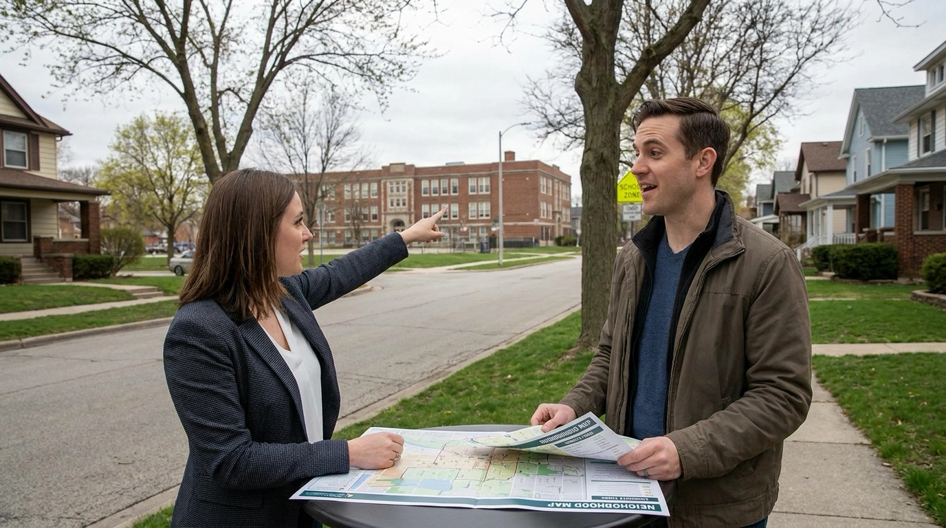 Relocating professional with relocation agent touring neighborhoods discussing schools and commutes. Agent pointing to local features and schools visible. Engaged expressions learning community details. Neighborhood map with commute times. Educational tour aiding relocation decisions.