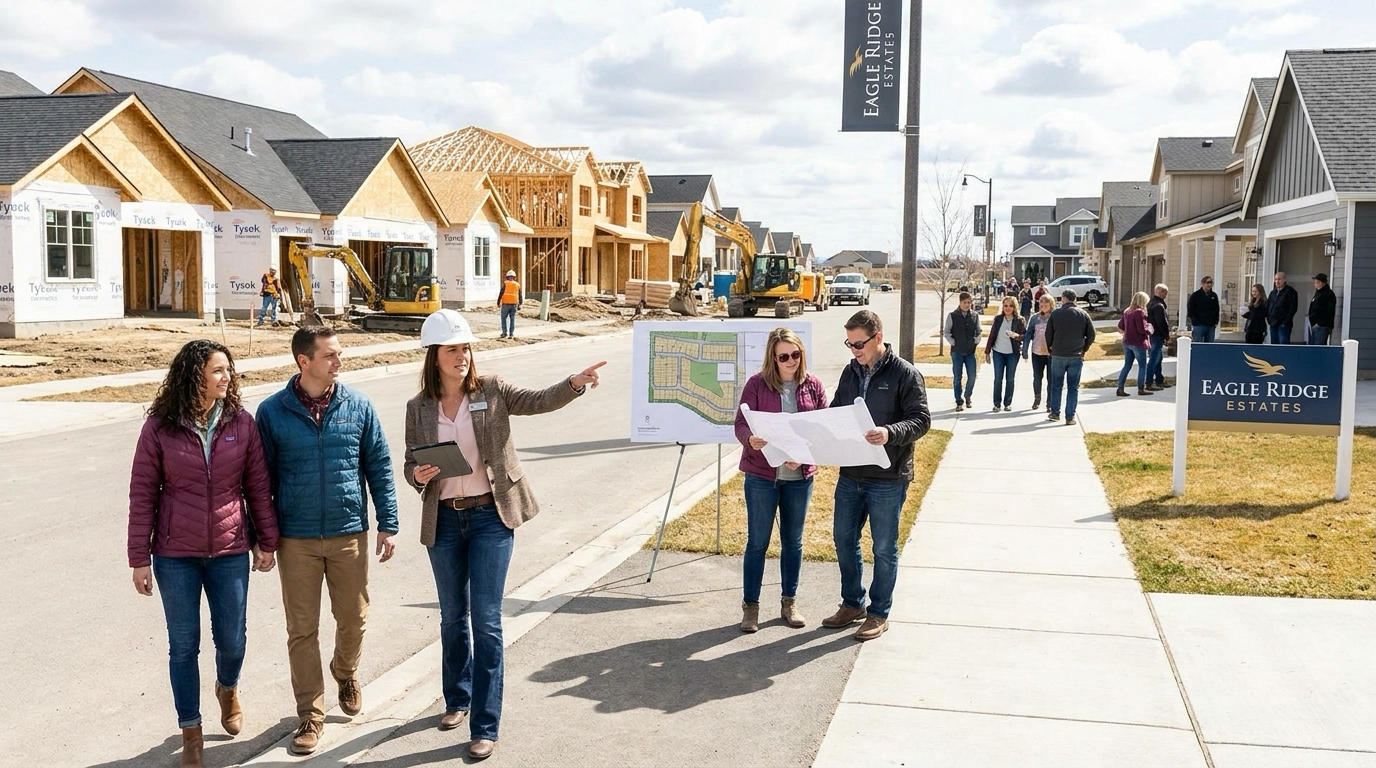 Buyers walking newly developed Eagle neighborhood observing construction and homes. Agent pointing to subdivisions and features. Couple examining models and lots. New construction activity visible. Interested expressions evaluating popular areas.