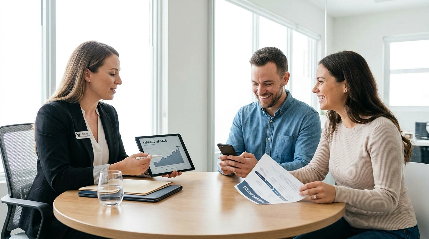 Buyer couple receiving responsive communication from agent—checking quick response on phone, agent showing market update on tablet. Timeline document visible. Attentive body language. Satisfied expressions appreciating contact and transparency. Professional responsiveness evident.