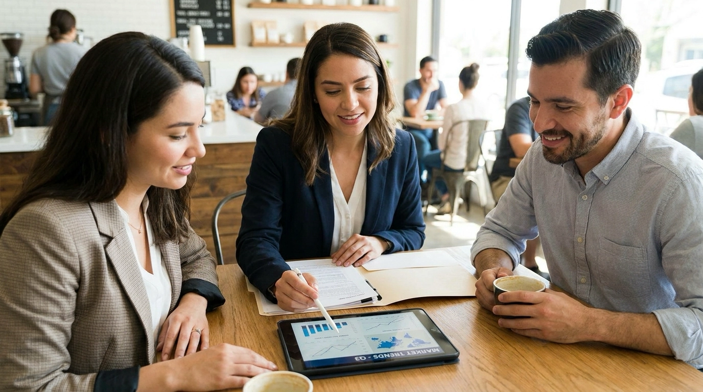Buyer with agent at coffee shop reviewing market data analytically. Agent showing factual analysis on tablet without pressure. Satisfied expression appreciating straightforward approach. Comparables and realistic pricing visible. Data-focused consultation. Transparent partnership evident.