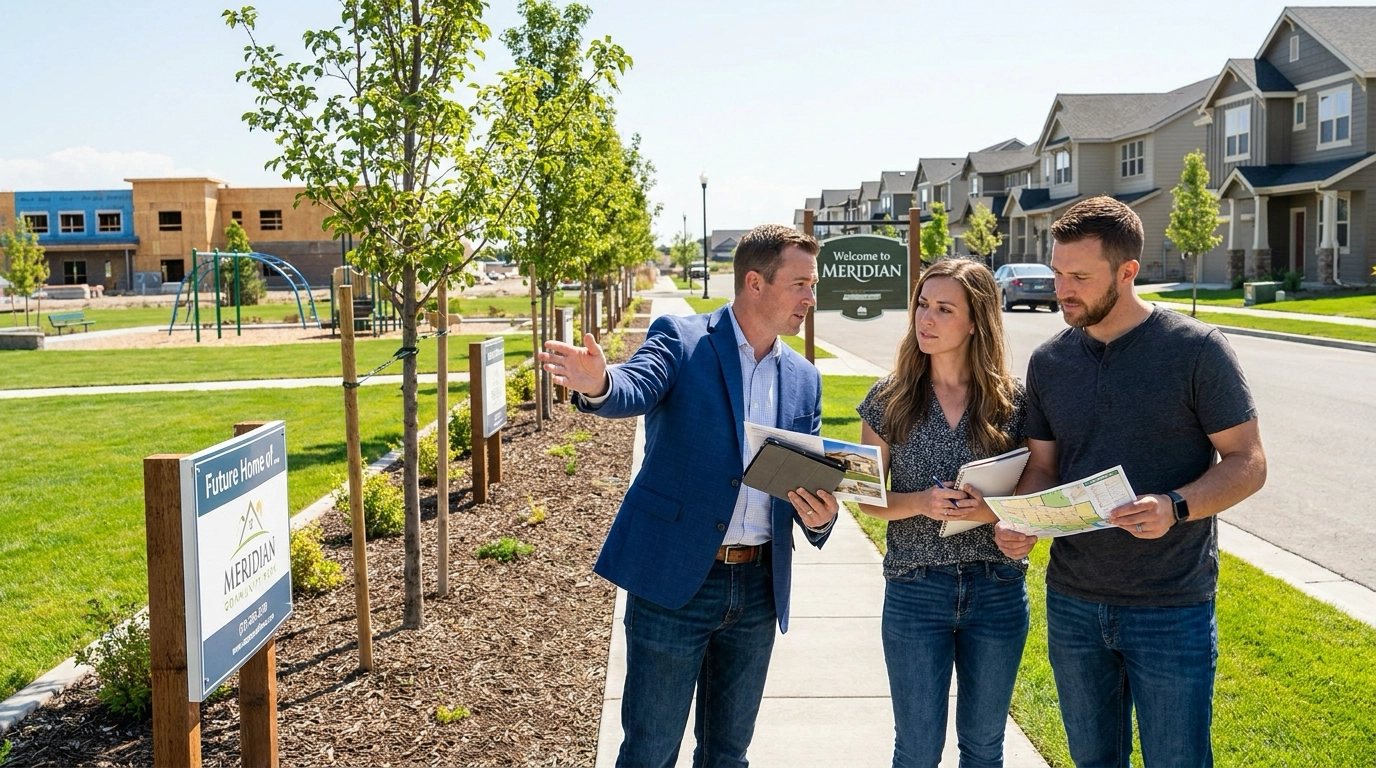 Relocating buyer with agent walking Meridian discussing considerations—schools, growth, HOA, commutes. Agent pointing to features. Attentive expression learning factors. Growing community visible. Educational guidance preparing informed purchase.