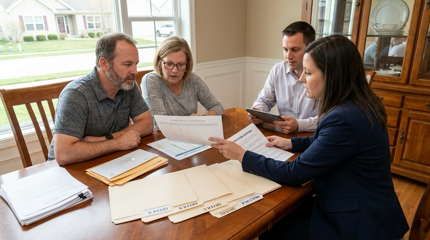 Buyers with agent and specialist reviewing multiple competing offers received. Specialist pointing to comparison and strategy. Focused expressions understanding options and leverage. Multiple offers visible. Professional guidance helping buyers compete effectively.