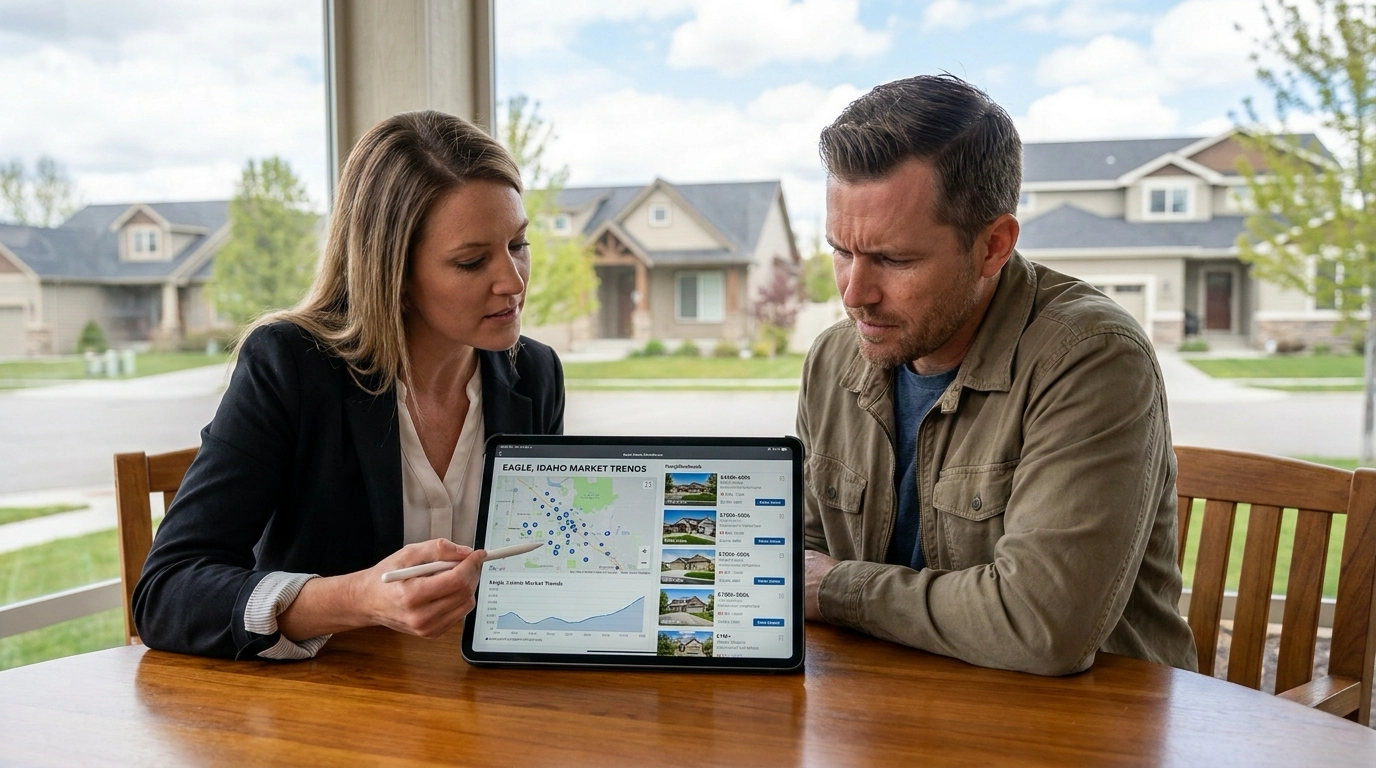 Agent with buyer examining listings on tablet showing Eagle pricing. Agent pointing to ranges and comparables. Analytical expression understanding values. Eagle homes in background showing tiers. Agent explaining pricing drivers.