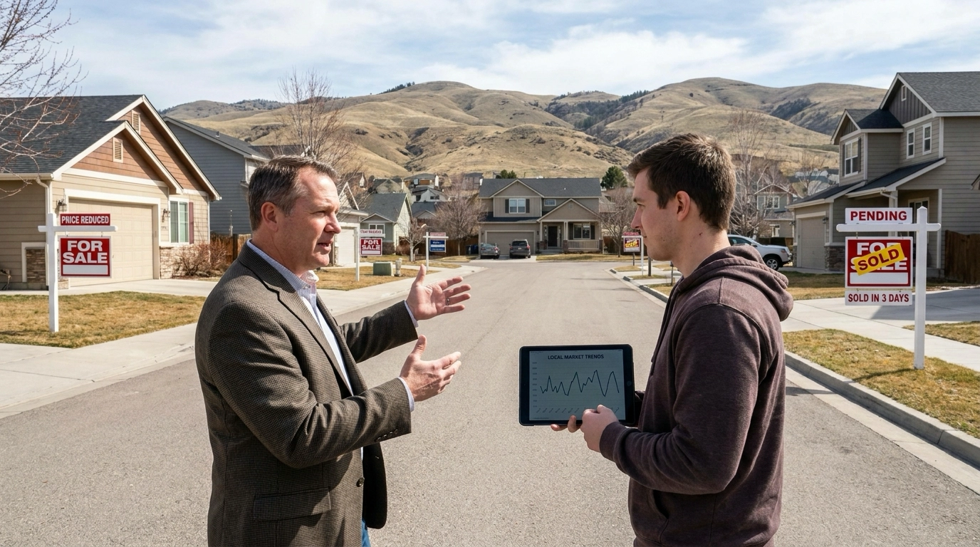 Analyst in Boise neighborhood pointing to mixed evidence—price reduction sign, pending sign—showing nuanced market. Gesturing to illustrate complexity. Buyer observing trend data on tablet. Foothills backdrop with varied statuses.