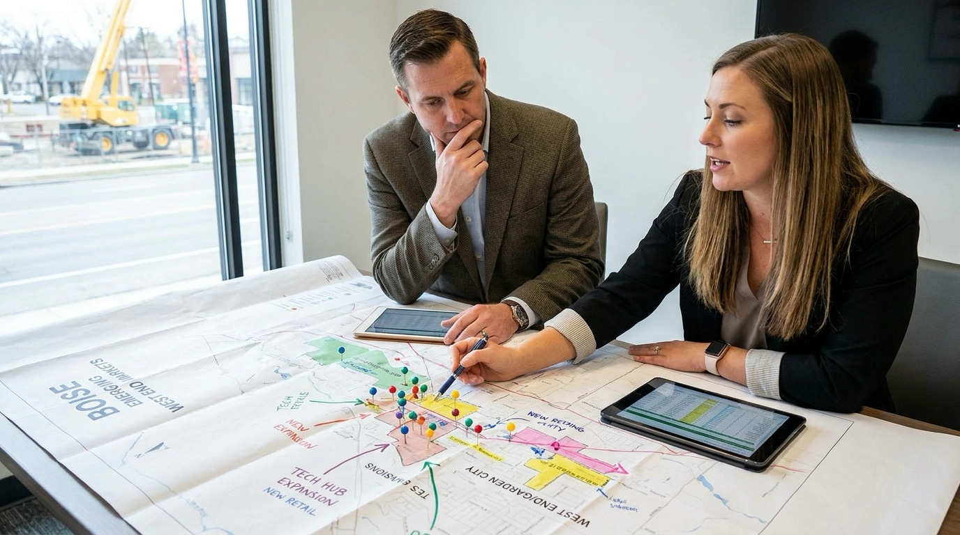 Investor with specialist examining Boise neighborhoods on map showing investment potential. Specialist pointing to growth areas and drivers. Analytical expression evaluating opportunities. Map showing targeted areas. Specialist discussing appreciation. Strategic analysis identifying returns.