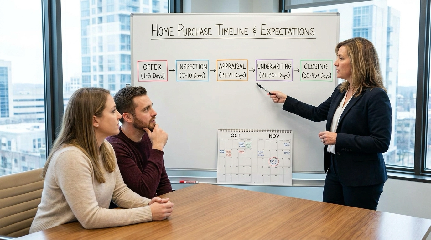 Buyers with agent reviewing timeline flowchart showing purchase stages. Agent pointing to phases on calendar. Attentive expressions understanding timeline. Calendar showing milestones. Agent explaining variables. Educational consultation managing expectations.