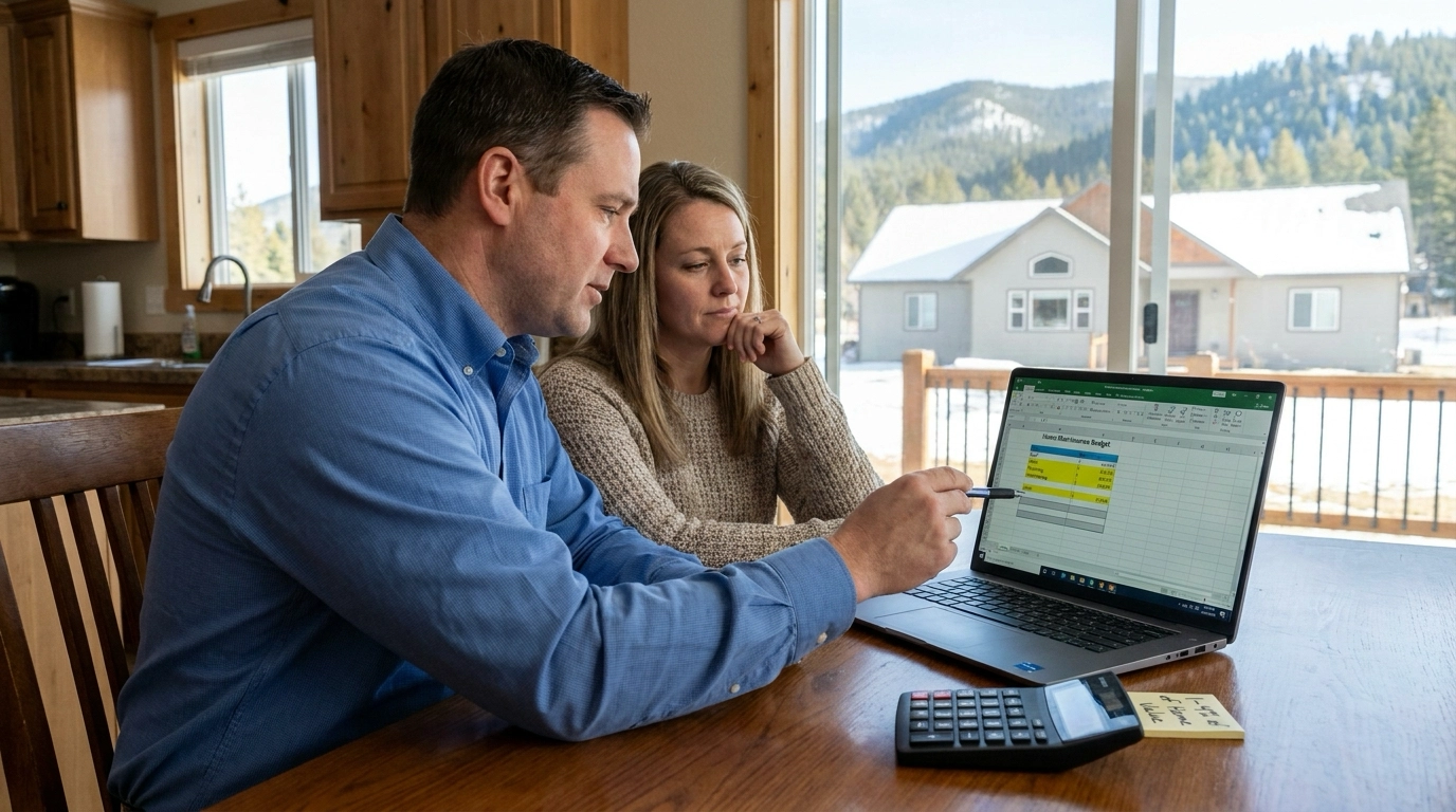 Homeowner with advisor calculating maintenance budget on laptop spreadsheet. Advisor pointing to categories. Thoughtful expression understanding cost reality. Calculator showing guidelines. Idaho home visible through window. Financial planning consultation preparing homeowner.