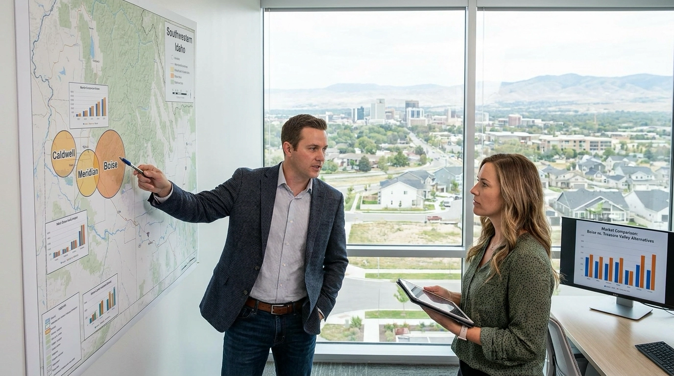 Analyst with map showing multiple Idaho cities comparing markets with buyer. Pointing to options explaining Boise positioning. Analytical expression understanding differences. Landscape showing contrasting communities. Comparative analysis revealing Boise's position.