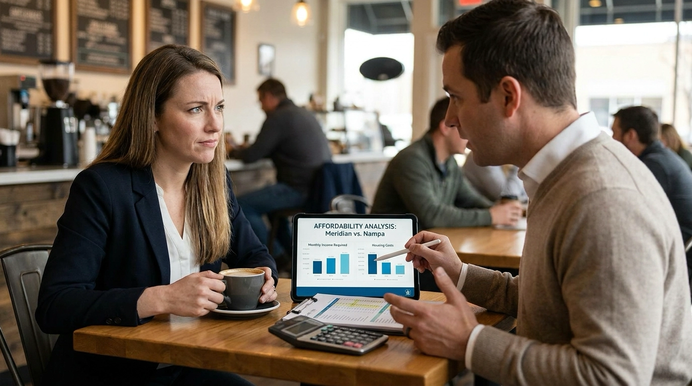 Professional at coffee shop with advisor reviewing affordability on tablet comparing Meridian and Nampa. Advisor pointing to budget breakdown. Thoughtful expression over coffee. Calculator and spreadsheet visible. Advisor explaining income ratios. Casual coffee shop consultation.