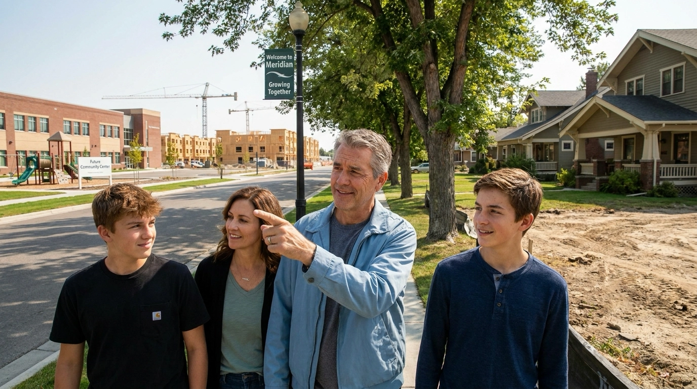 Meridian resident walking with family showing community benefits—schools, parks, amenities. Balanced expression appreciating features amid growth. Mix of established and new development. Family content in setting. Transformation evident in activity.