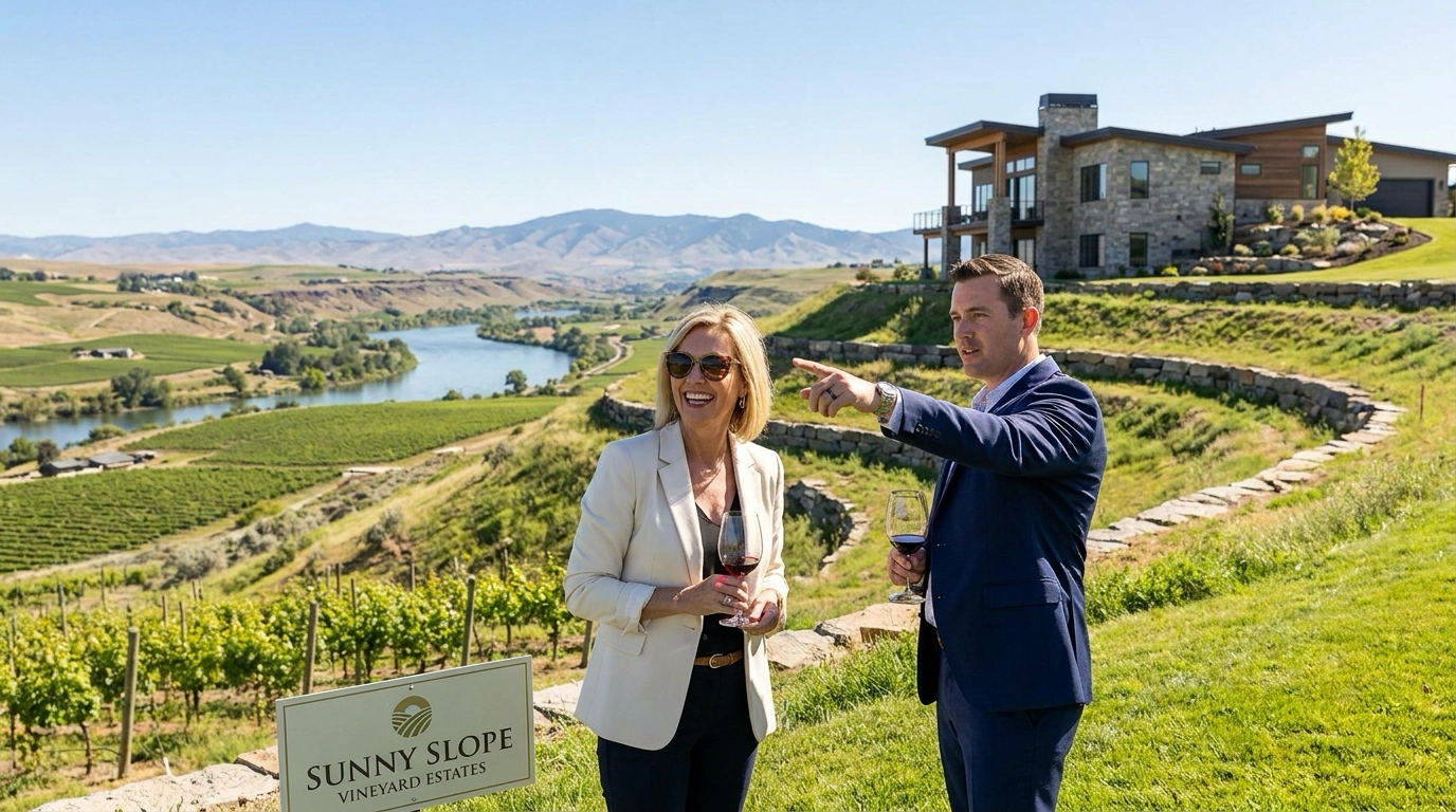 Luxury buyer on Sunny Slope property overlooking vineyards with agent. Agent pointing to views and positioning. Appreciative expression experiencing lifestyle. Vineyard landscape visible. Agent explaining wine country appeal. Specialized luxury property.