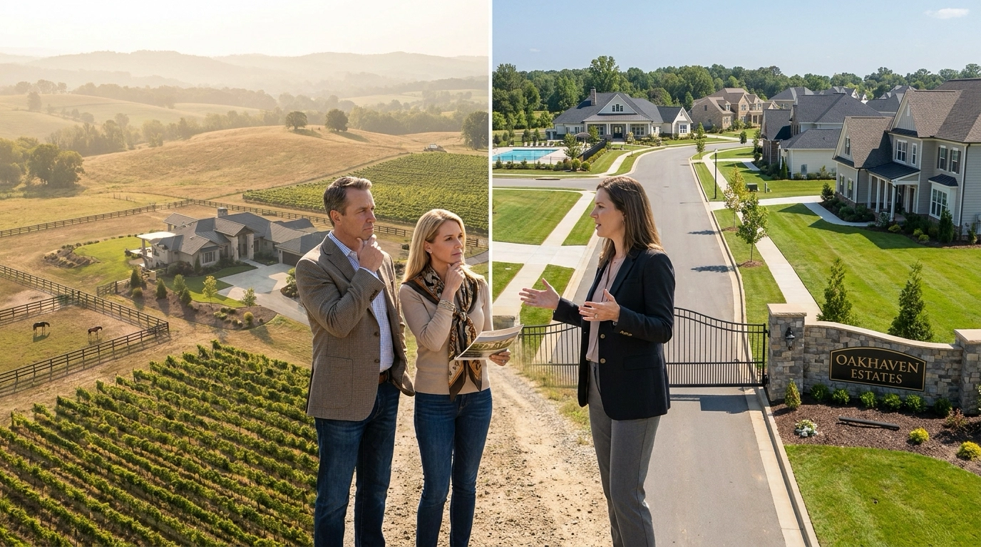 Luxury couple between acreage property and subdivision with agent comparing options. Agent gesturing showing advantages—privacy versus amenities. Contemplative expressions weighing preferences. Expansive land and community visible. Agent explaining trade-offs. Lifestyle decision between privacy and community.