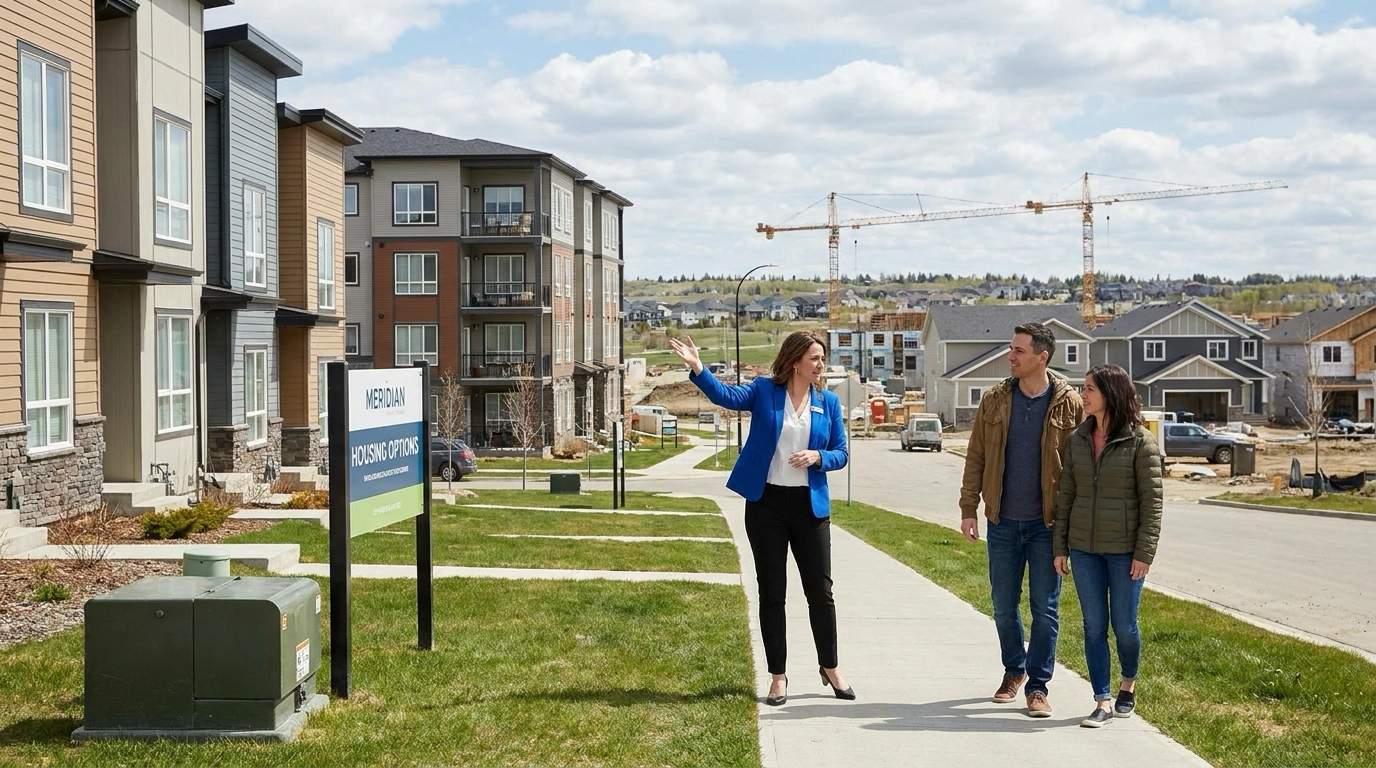 Buyers walking Meridian observing options—homes, townhomes, apartments visible. Agent pointing to variety. Couple examining interested. Diverse housing visible. Agent explaining inventory range in community.