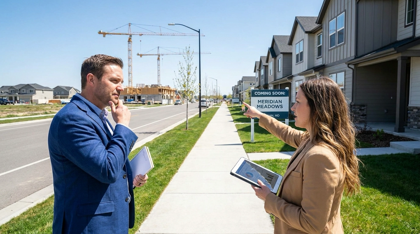 Relocating professional in Meridian with agent observing market—new construction, inventory, growth. Agent pointing to options and dynamics. Engaged expression learning. Growing community visible. Agent discussing opportunities. Market education moment.