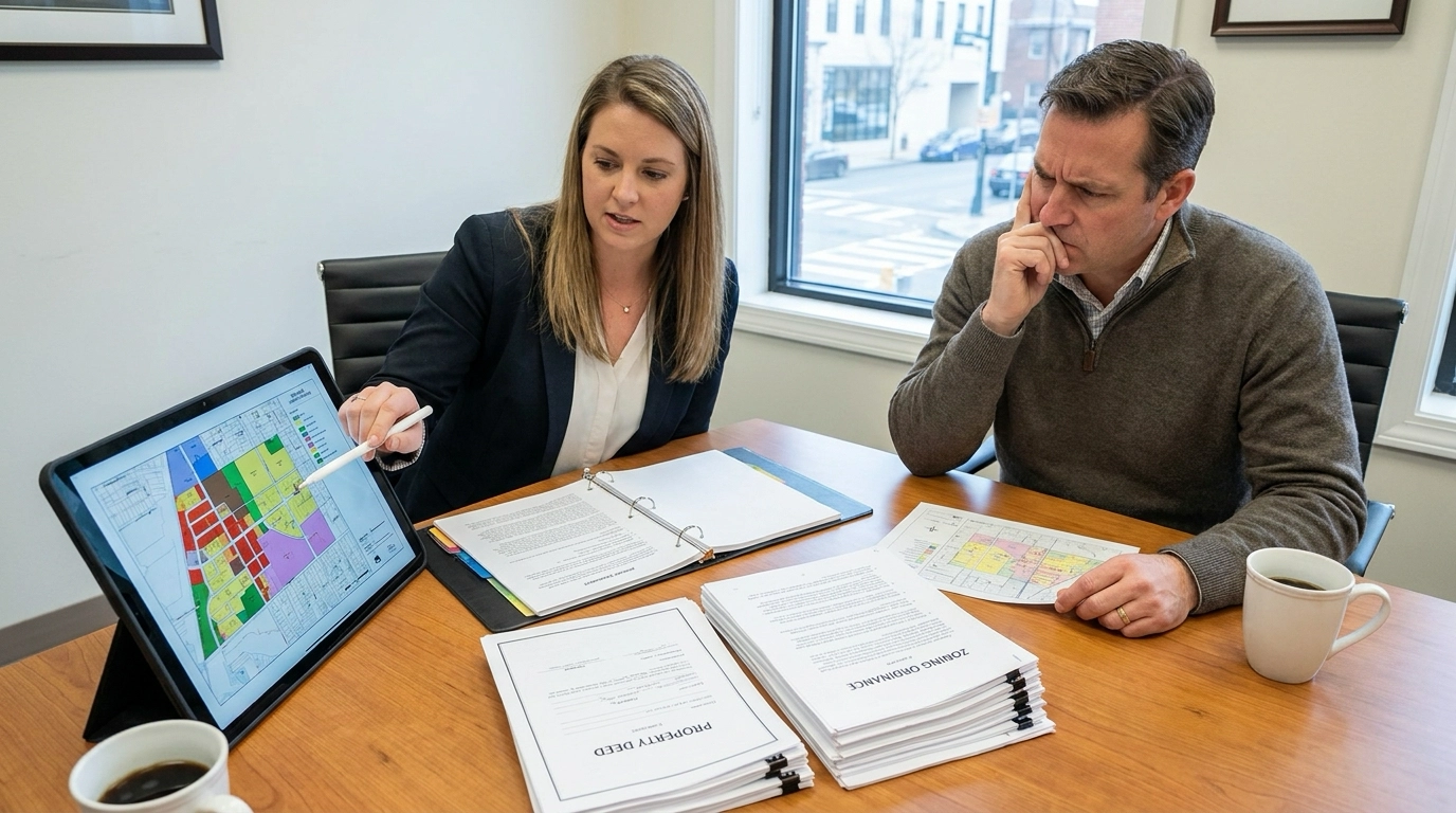 Homeowner with zoning specialist examining zoning map and documentation. Specialist pointing to designation and implications. Analytical expression understanding impact. Map and property details visible. Specialist's professional guidance. Educational property rights consultation.