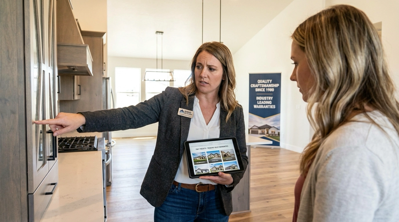 Buyer touring builder model in Caldwell with rep showing quality features. Examining portfolio on tablet. Rep's professional demeanor explaining credentials. Evaluative expression assessing reputation. Quality construction visible. Builder signage evident.