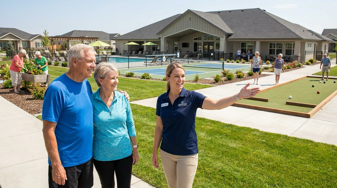 Senior couple touring active adult community with director pointing to amenities. Examining clubhouse, facilities, paths. Director explaining maintenance-free living. Satisfied expressions. Other seniors enjoying activities. Community setting showing senior focus. Welcoming atmosphere and accessibility evident.
