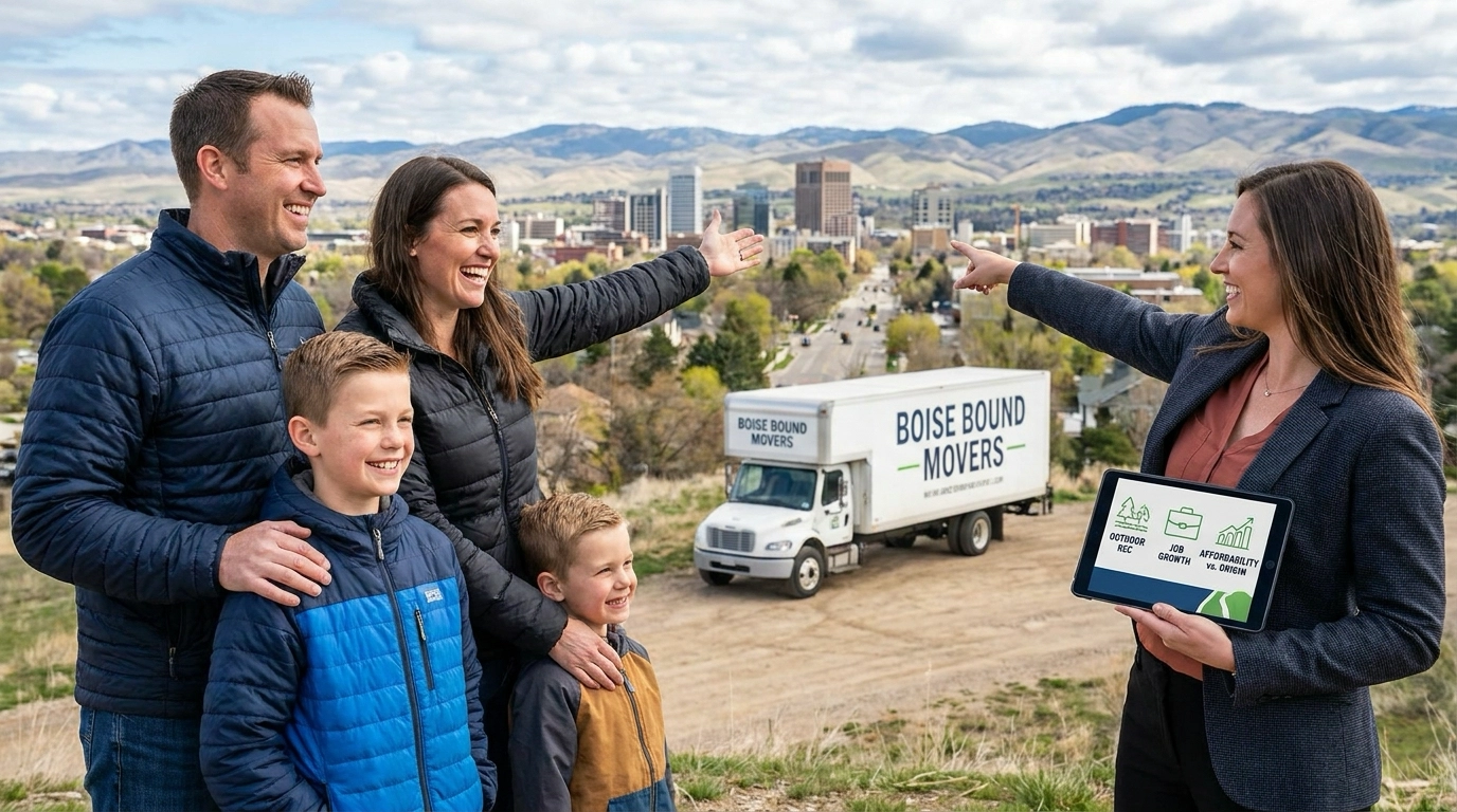 Relocating family at Boise overlook with moving truck nearby, agent pointing to lifestyle draws—recreation, jobs, affordability, community. Excited expressions embracing new chapter. Foothills and skyline visible representing appeal.