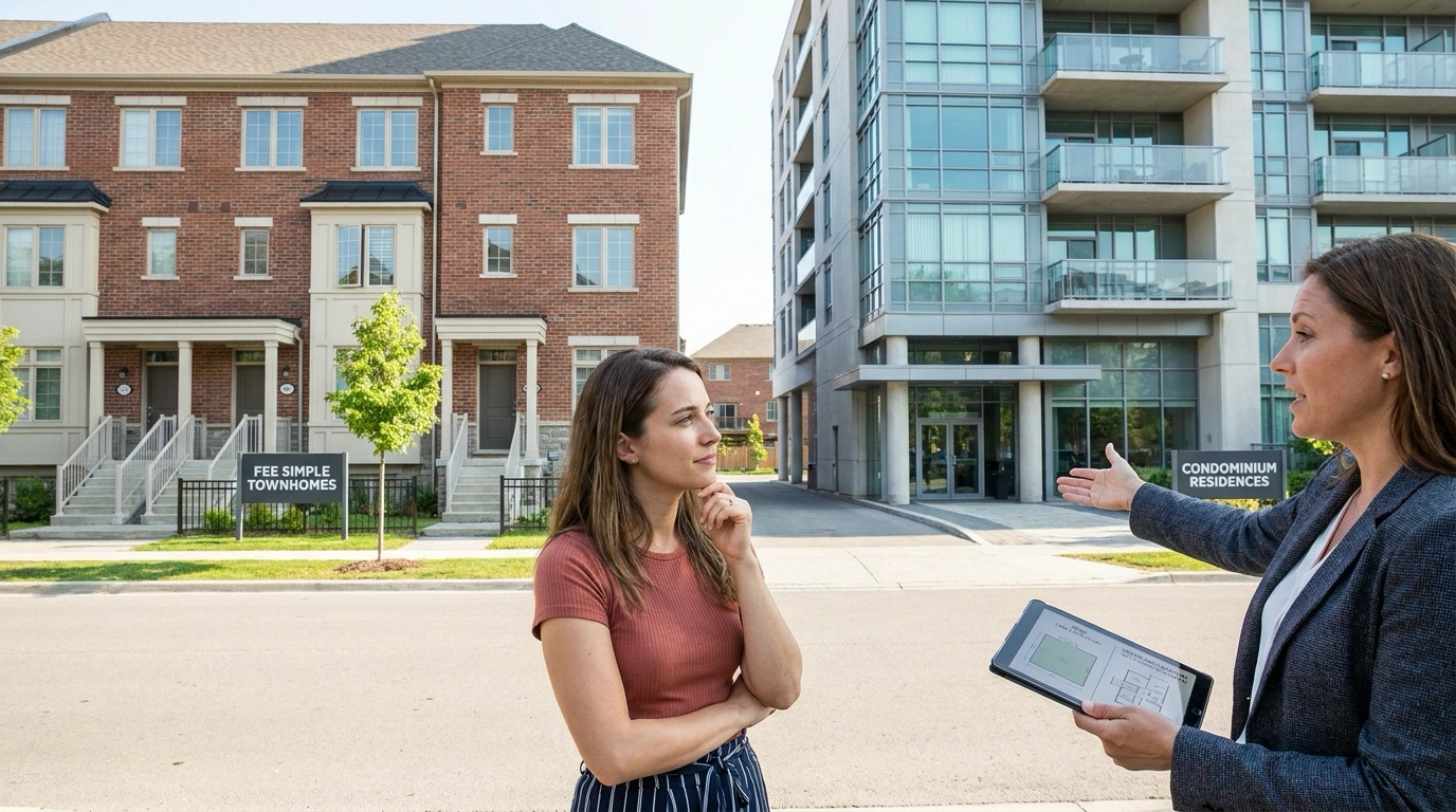 Buyer between townhome community and condo building comparing differences with agent. Agent gesturing showing features—shared walls, ownership differences. Curious expression learning distinctions. Both property types visible.