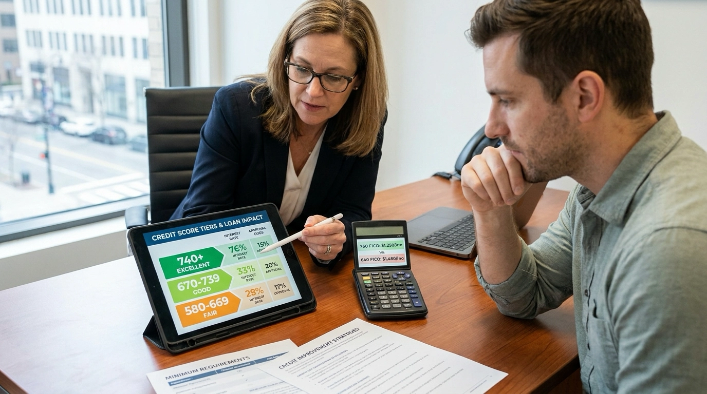 Buyer with specialist reviewing credit score requirements on tablet. Specialist pointing to ranges and approval impacts. Analytical expression understanding importance. Calculator showing payment impacts. Specialist explaining minimums and improvement. Financial consultation.