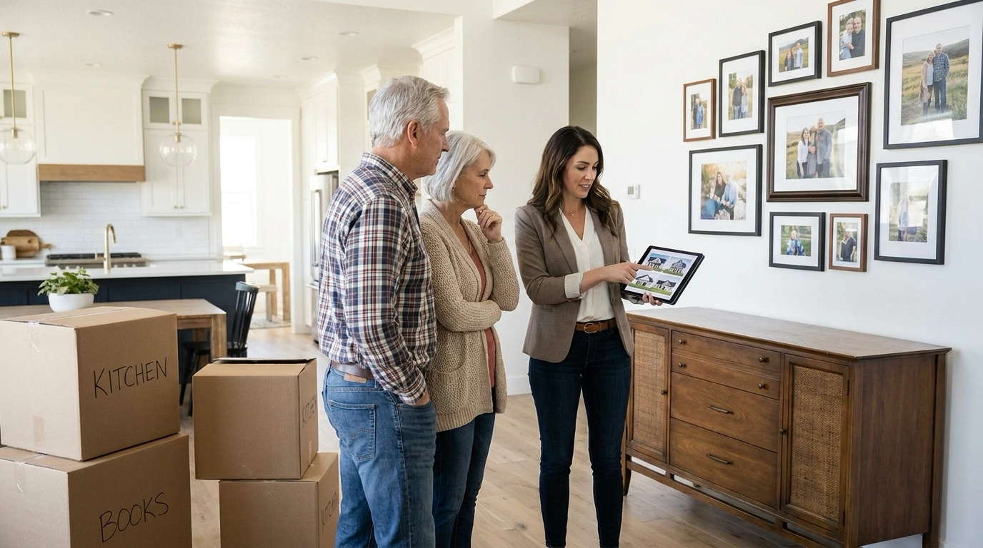 Senior couple walking Boise home with downsizing specialist discussing strategy. Specialist pointing to smaller options on tablet. Contemplative expressions weighing needs against attachment. Moving boxes visible showing process.