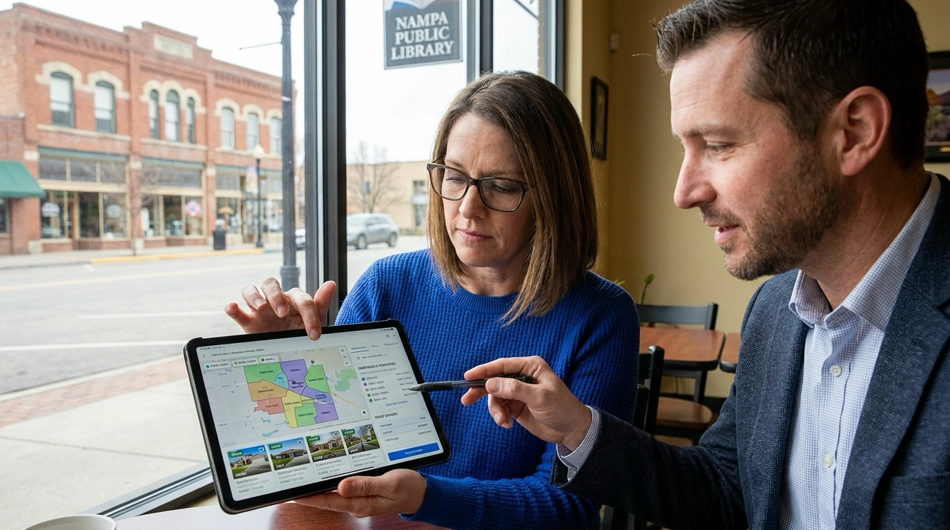 Buyer examining Nampa listings on tablet with agent pointing to pricing. Agent showing ranges and comparables. Analytical expression understanding landscape. Multiple results visible. Agent explaining drivers. Nampa setting established.