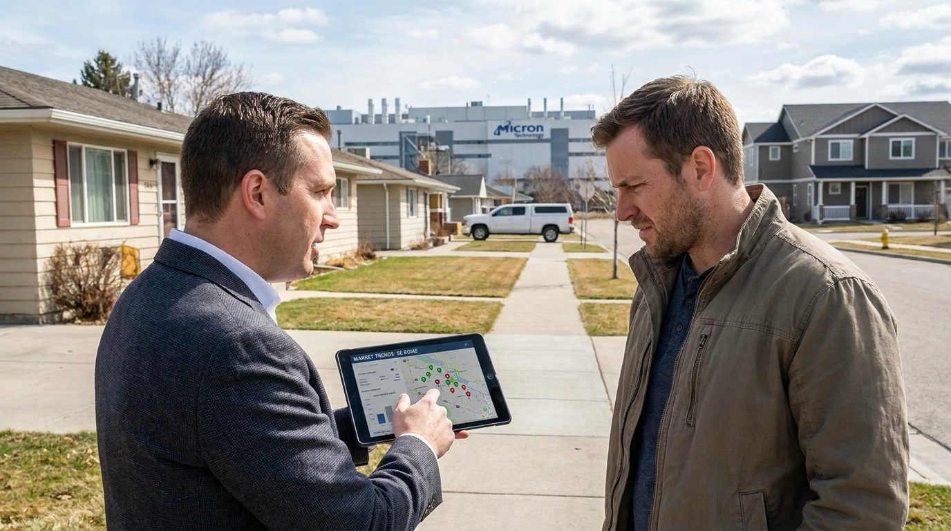 Buyer examining Southeast Boise listings with agent showing pricing. Agent pointing to properties and sales data. Analytical expression understanding price points. Mix of homes showing tiers. Agent explaining pricing factors. Micron facility visible as employment driver.