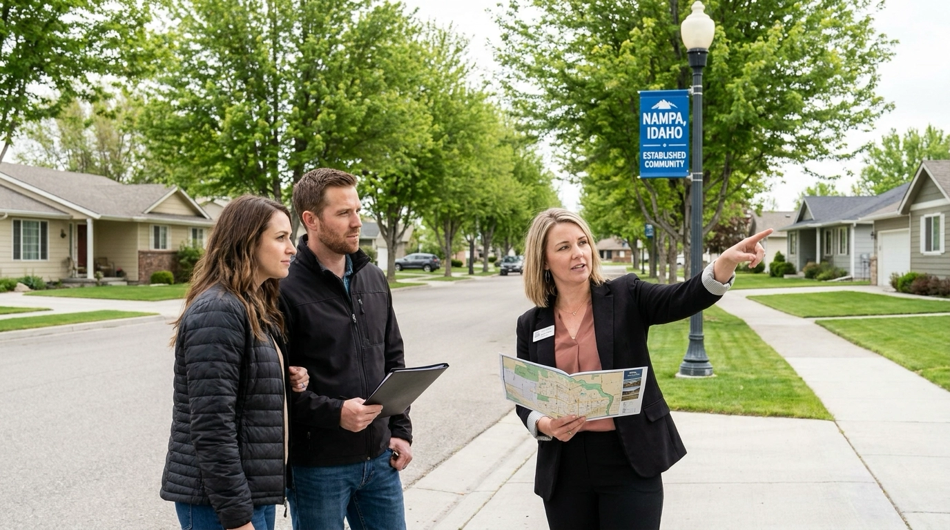 Buyer with agent in Nampa neighborhood discussing considerations—schools, commutes, growth, values. Agent pointing to features. Attentive expression learning factors. Community setting. Agent providing guidance. Educational consultation.