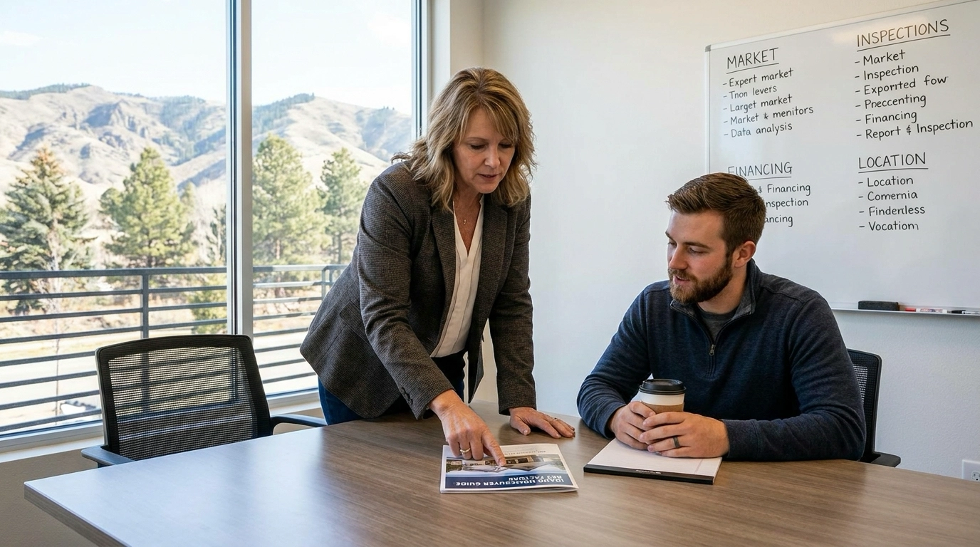 First-time buyer with agent discussing purchase considerations—market, inspection, financing, location. Agent pointing to educational materials. Attentive expression learning knowledge. Idaho landscape visible. Comprehensive guidance preparing informed decision.