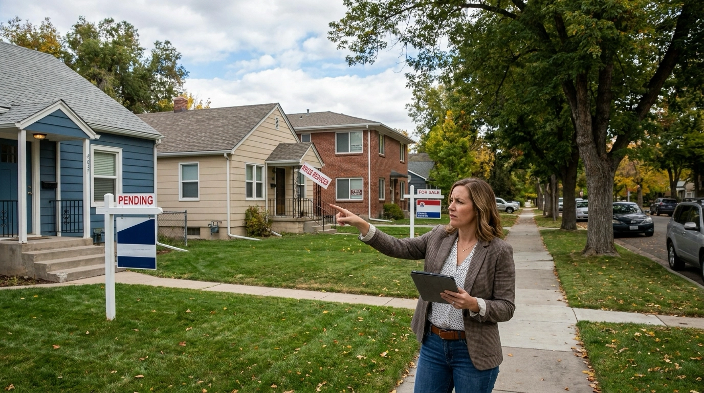 Professional observing Boise market conditions—pending signs, price reductions, rental signs visible. Pointing to mixed signals reflecting current state. Diverse property activity. Neighborhood showing market reality. Analytical expression reading trends.