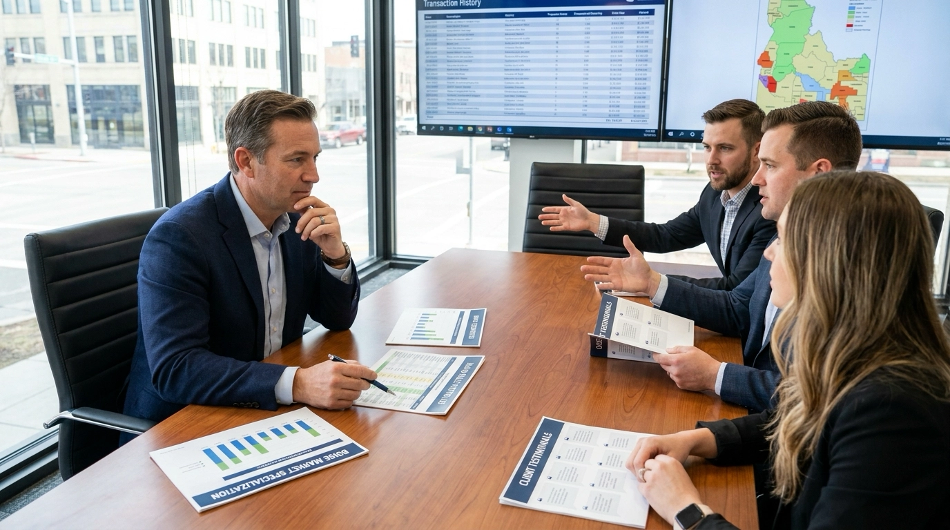 Commercial professional meeting multiple agency reps examining portfolios and specialization. Comparing credentials and expertise on materials. Reps presenting histories and testimonials. Evaluative expression selecting agency. Commercial office setting.