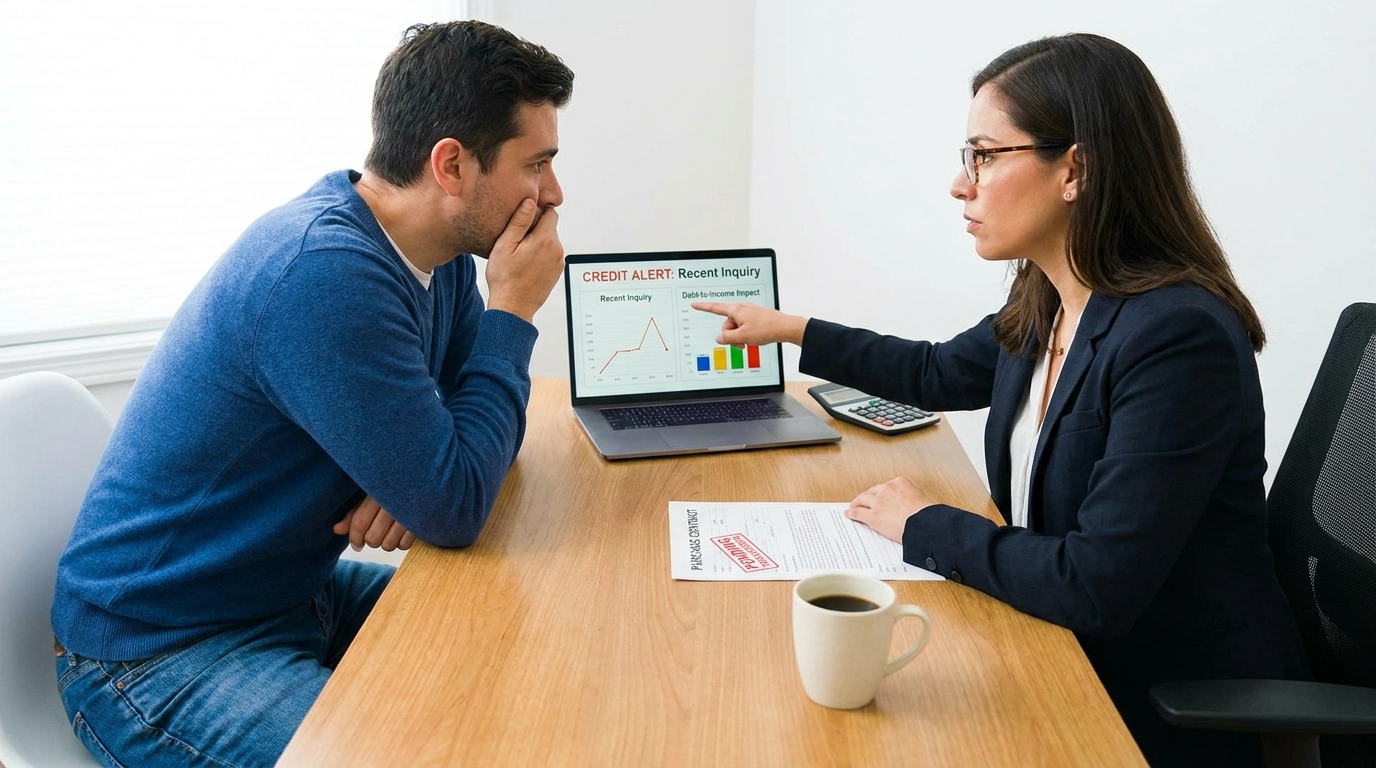 Buyer with loan officer reviewing credit alert on laptop. Officer explaining risk to approval. Concerned expression realizing near-miss. Officer pointing to debt-to-income impact during escrow. Purchase contract visible showing pending status.