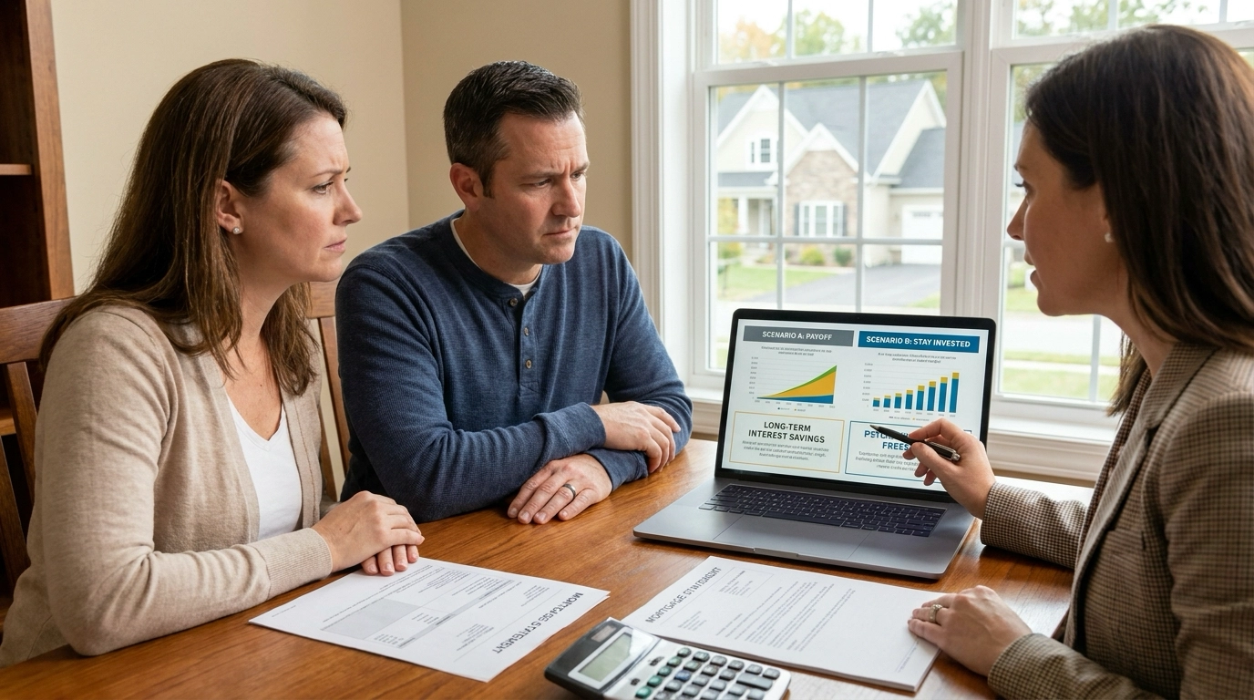 Couple with financial advisor reviewing scenarios on laptop comparing payoff versus keeping low rate. Advisor pointing to savings versus freedom trade-off. Contemplative expressions weighing logic against emotional desire. Mortgage statement and home visible through window.