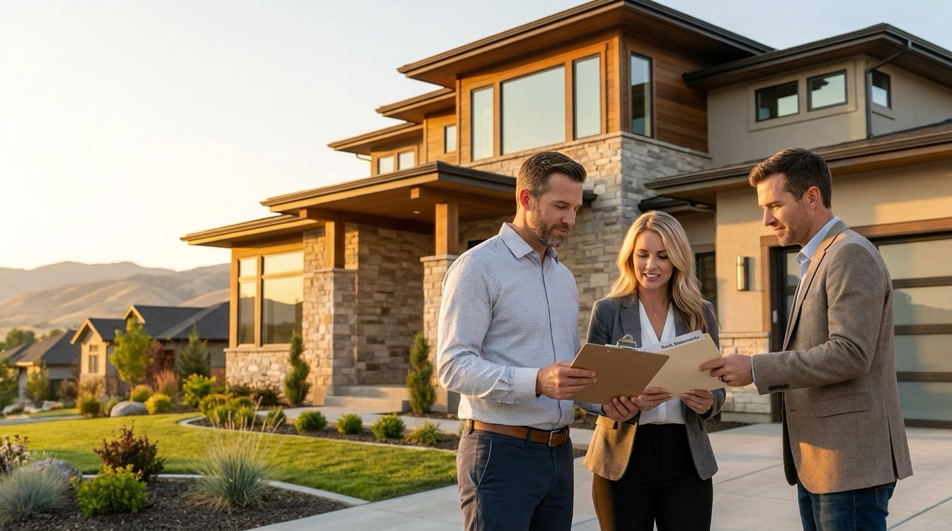 Seller and real estate agent reviewing a cash buyer's proof of funds outside a modern home in Eagle, Idaho before accepting a purchase offer.