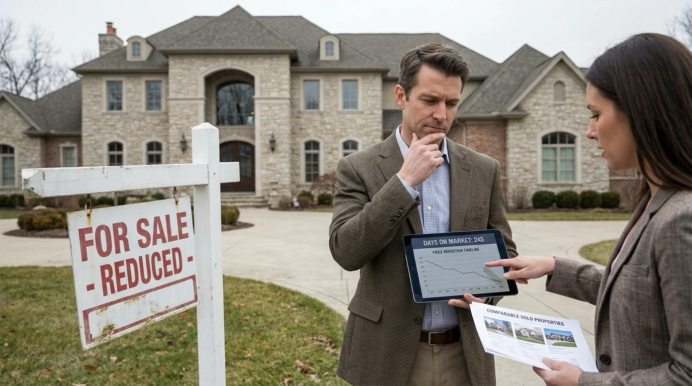 Buyer outside long-listed luxury home with agent reviewing market history on tablet. Agent pointing to comparables and negotiating leverage. Strategic expression calculating offer. Aged sign visible showing extended market time.