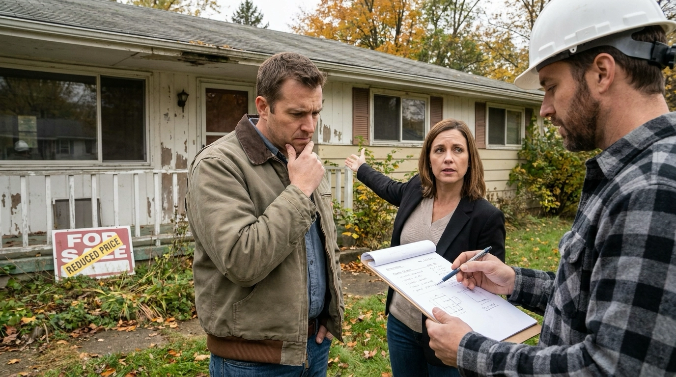 Buyer outside dated fixer-upper with contractor and agent examining potential and market history. Contractor pointing to renovation scope on clipboard. Agent explaining why home sat unsold. Analytical expression weighing opportunity against days on market.