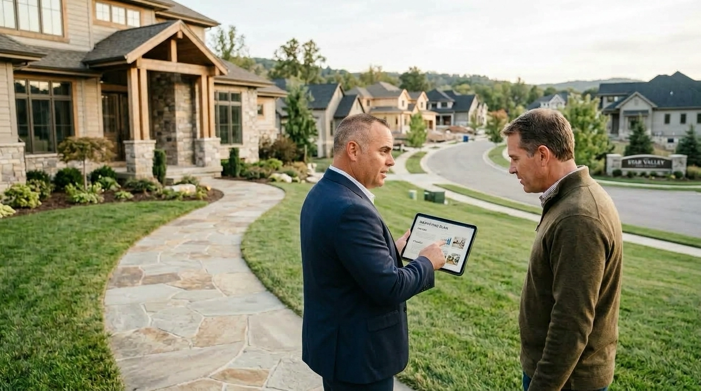 Seller walking Star property with strategist pausing near entrance. Strategist pointing to marketing plan on tablet covering pricing and staging. Engaged expression absorbing approach. Growing Star neighborhood visible in background.